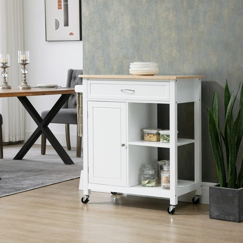 HOMCOM Rolling Kitchen Cart with Wood Top, Kitchen Island with Storage Drawer on Wheels for Dining Room, White