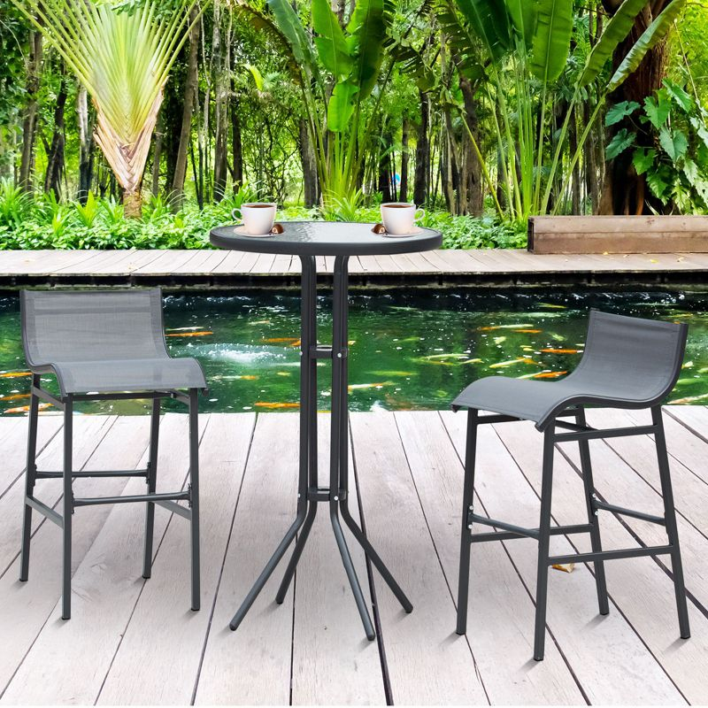 Outsunny 3 Piece Bar Height Outdoor Bistro Set for 2, Round Patio Pub Table 2 Bar Chairs with Comfortable Design & Durable Build, Charcoal Gray