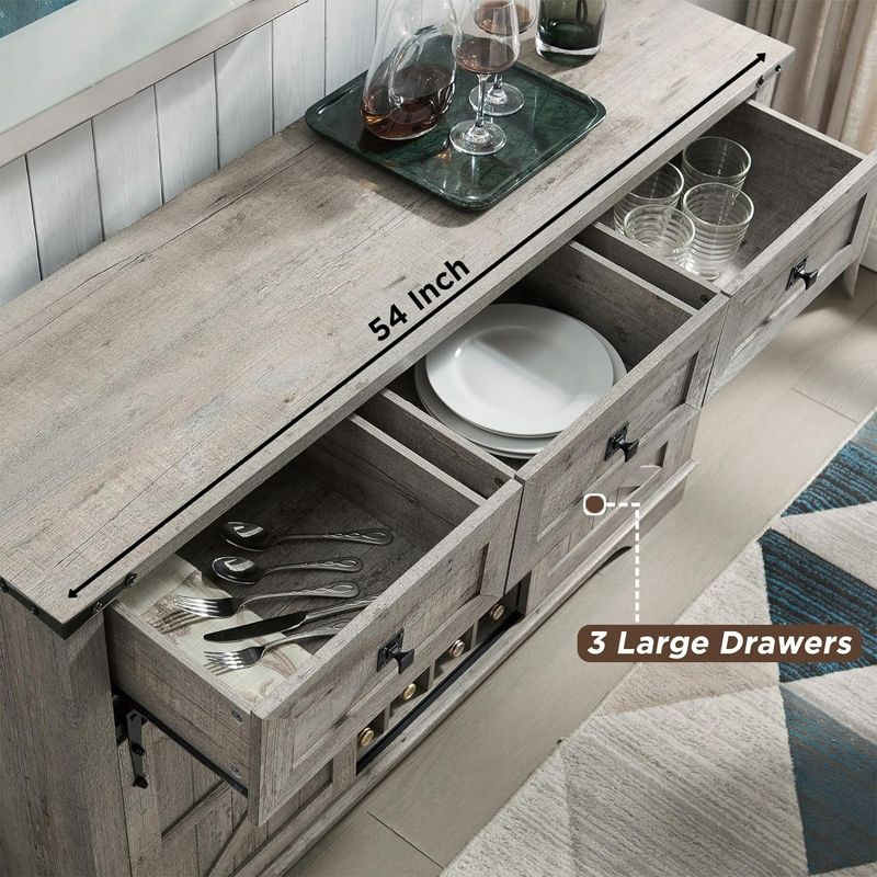 SinCiDo 54" Wine Bar Cabinet w/Sliding Barn Door, Kitchen Coffee Bar Cabinet w/Wine & Glass Rack, 3 Drawers, Large Buffet Sideboard, Light Rustic Oak