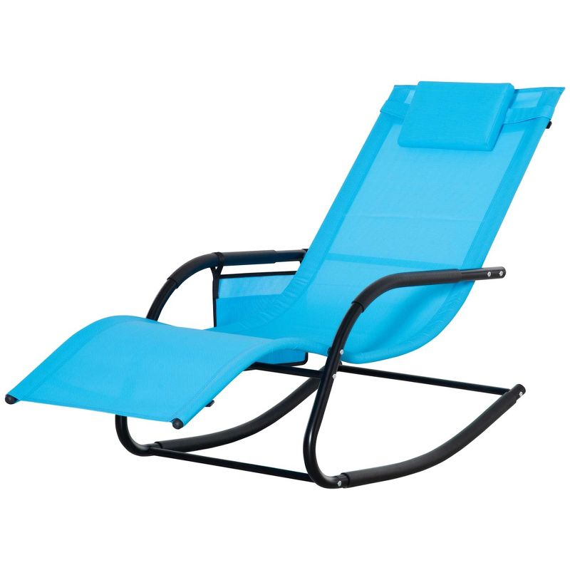 Outsunny Outdoor Rocking Chair, Patio Sling Sun Lounger, Pocket, Recliner Rocker, Lounge Chair with Detachable Pillow for Deck, Garden or Pool, Blue