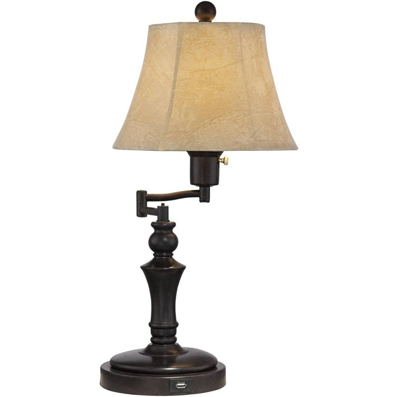 Regency Hill Traditional Desk Table Lamp Swing Arm with Hotel Style USB Charging Port 21.75" High Bronze Metal Faux Leather Bell Shade for Bedroom