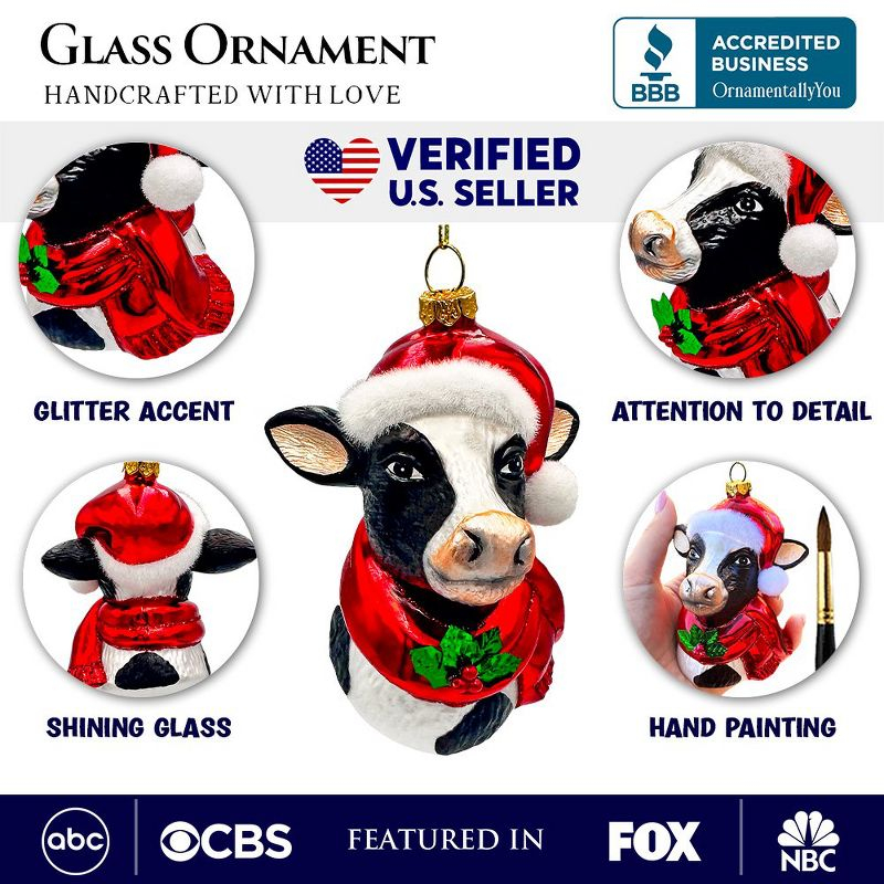 Festive Cow in Wreath Blown Glass Christmas Ornament, Farmhouse Theme Tree Decoration| OrnamentallyYou