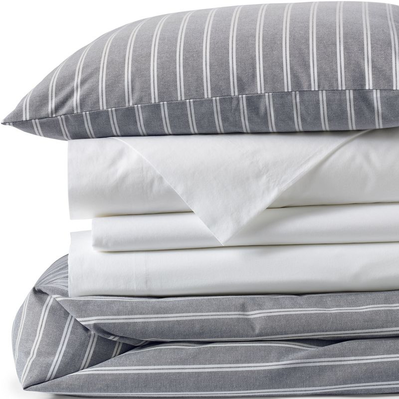 Lands' End Oxford Yarn Dyed Cotton Reversible Duvet Cover - King - Black Slate/Graphite Stripe