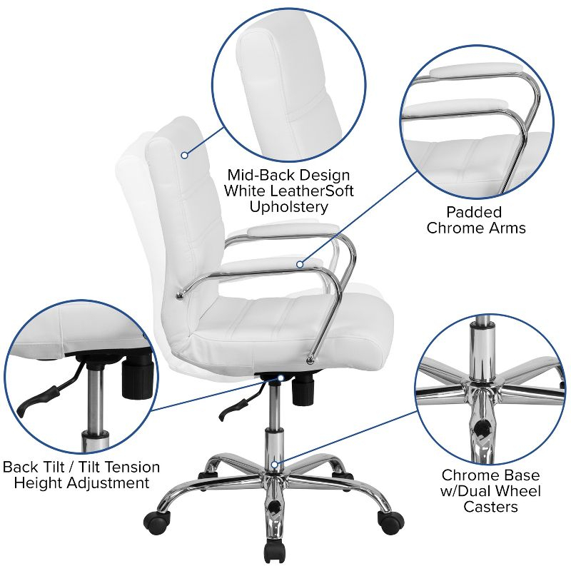 Emma and Oliver Mid-Back White LeatherSoft Executive Swivel Office Chair with Chrome Frame/Arms