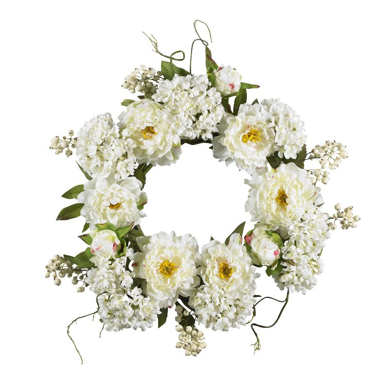 Nearly Natural 20-in Peony Hydrangea Wreath