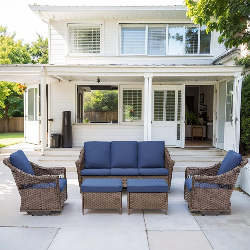 Buenhomino 5-Piece Patio Set, Wicker Sofa, Swivel Lounge Chairs & Ottomans, All-Weather PE Rattan with Cushions for Deck, Porch, or Garden
