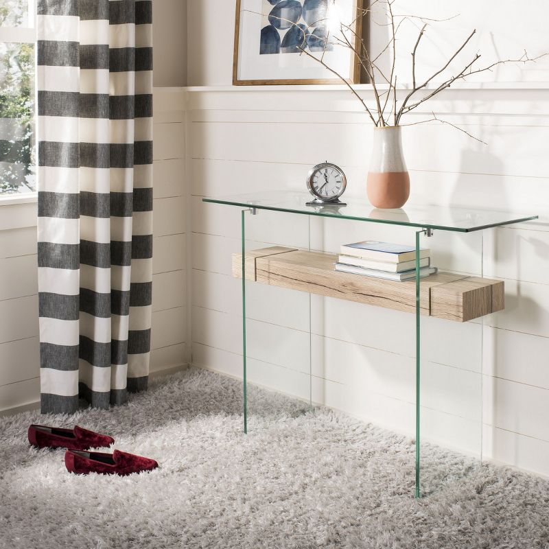 Kayley Rectangular Modern Glass Console Table - Glass/Natural Wood Shelf - Safavieh