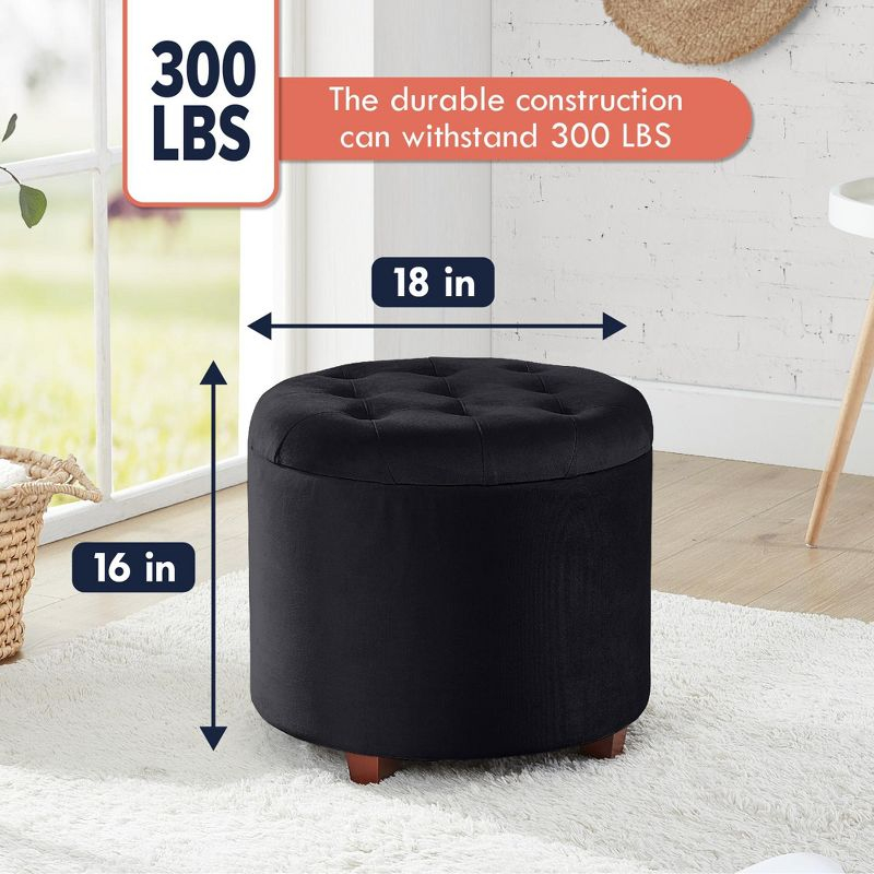 Ornavo Home Velvet Upholstered Round Tufted Storage Ottoman with Wooden Legs - Black