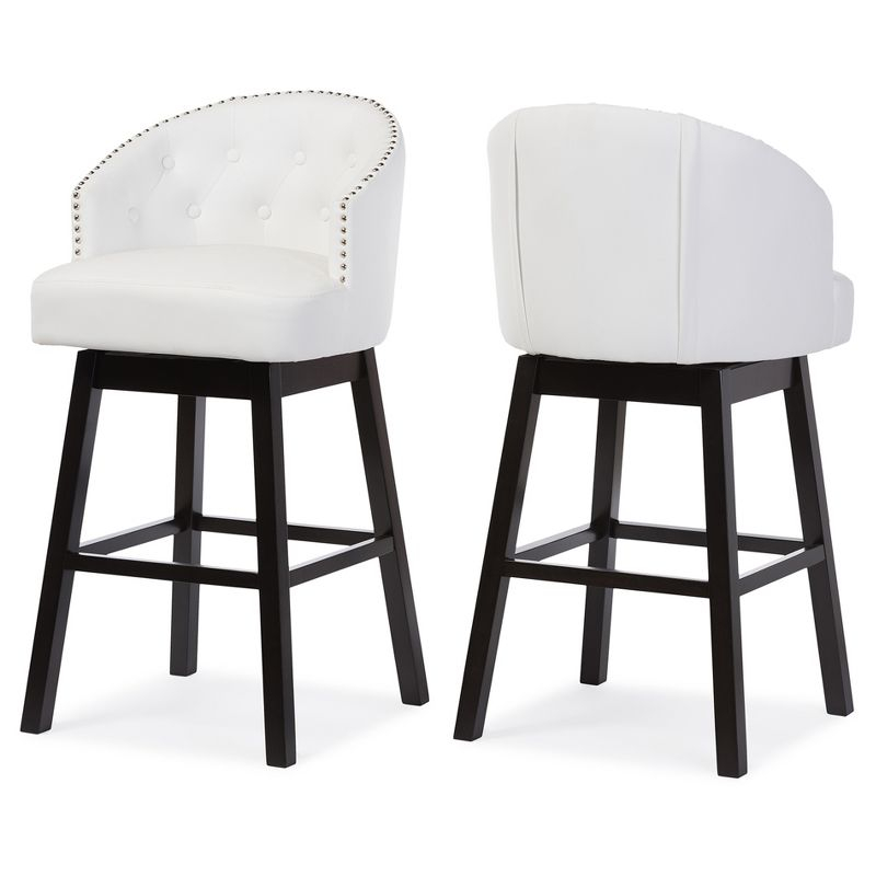 Set of 2 Avril Faux Leather Tufted Swivel Barstool with Nailhead Trim - White - Baxton Studio: Espresso Brown Legs, Rubberwood Frame