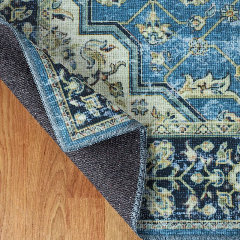 Vintage Distressed Floral Border Traditional Machine Washable Indoor Area Rug, 4' x 6', Blue - Blue Nile Mills
