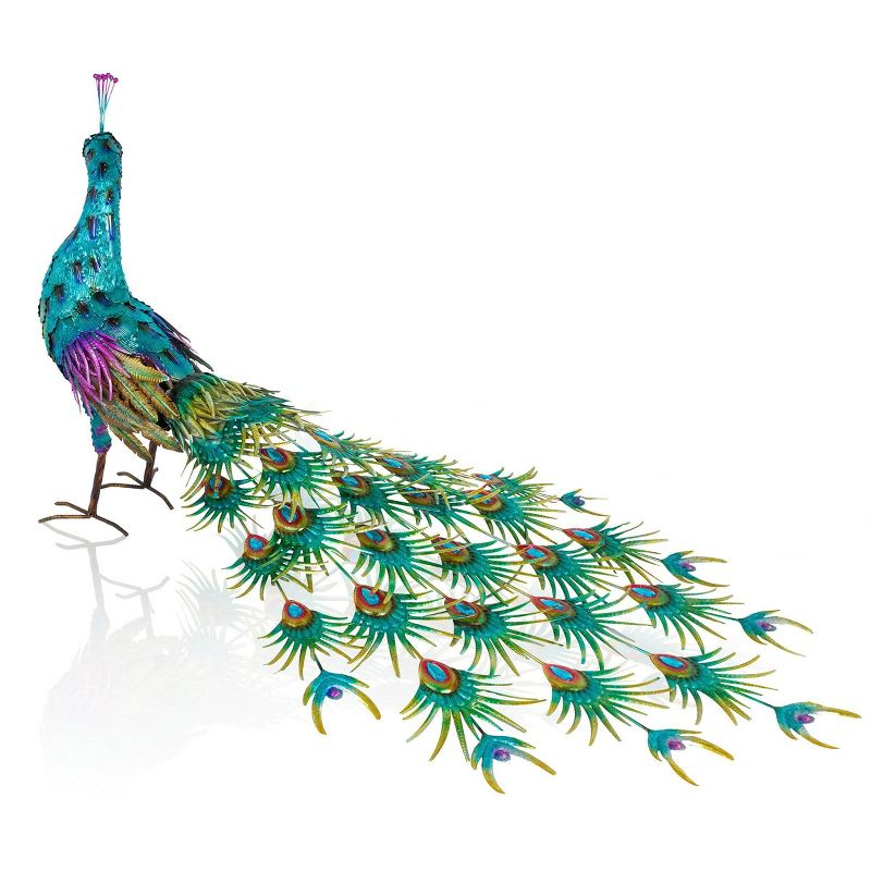 Alpine Corporation Jumbo Size Blue Majestic Tail Down Peacock Décor: 53"L Iron Garden Statue