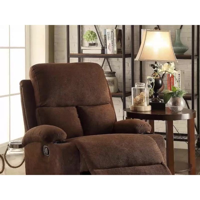 Rosia Linen Recliner Chocolate - Acme Furniture: Microfiber, Cup Holders, Wood Frame