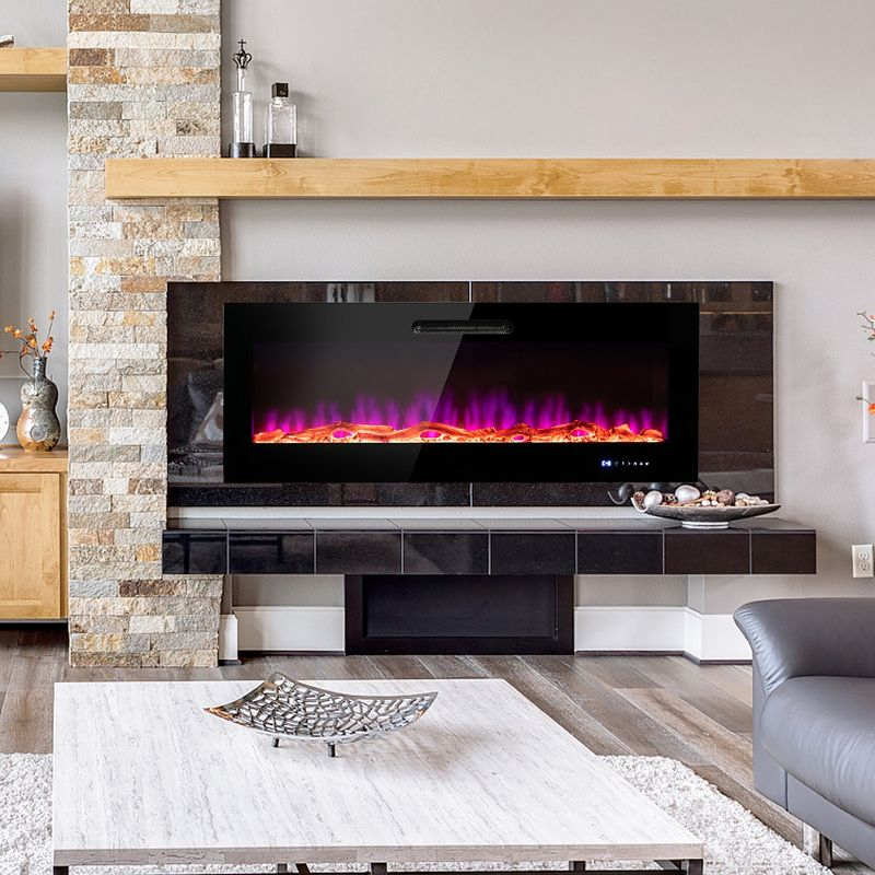 Costway 50'' Electric Fireplace Recessed Wall Mounted Heater W/ Decorative Crystal & Log