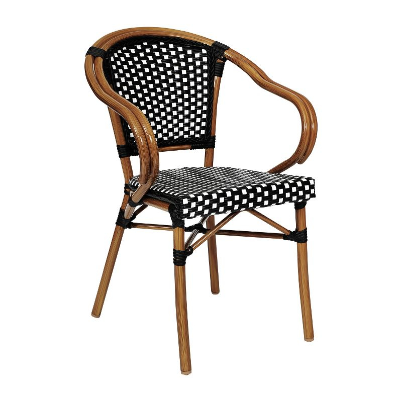 Emma & Oliver Soie Indoor/Outdoor Stacking Thonet Bistro Style Chair with Arms, Black & White PE Rattan Seat and Natural Bamboo Finished Metal Frame