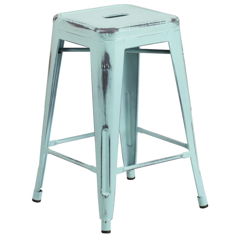 Flash Furniture Kai Commercial Grade 24" High Backless Distressed Green-Blue Metal Indoor-Outdoor Counter Height Stool