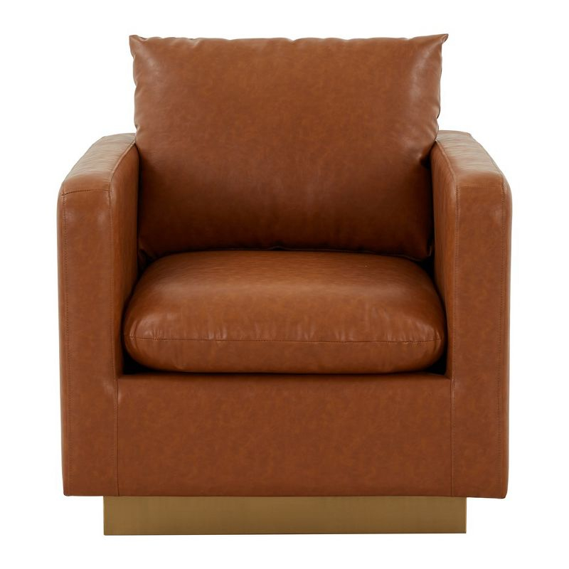 LeisureMod Nervo Accent Arm Chair Upholstered in Faux Leather with Gold Stainless Steel Frame in Cognac Tan