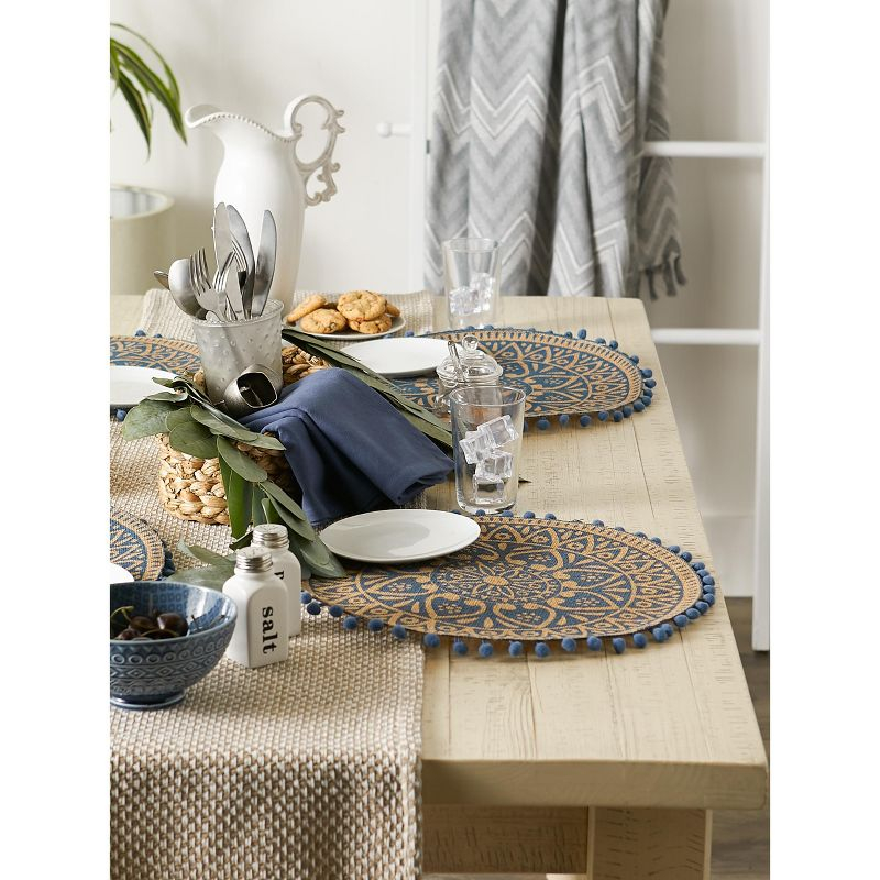DII Block Print Jute Placemat Set 6 Piece, French Blue Block Print, 15" Dia