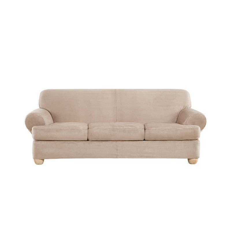 4pc Ultimate Stretch Suede T Cushion Sofa Slipcovers Cement - Sure Fit: Elastic, Zippered, Indoor Use