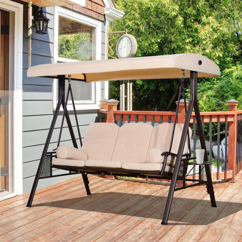 Outsunny 3-Seat Outdoor Patio Swing with Adjustable Tilt Canopy, Cushions, Pillow, Steel Frame, Side Tray, Cup Holder, Beige