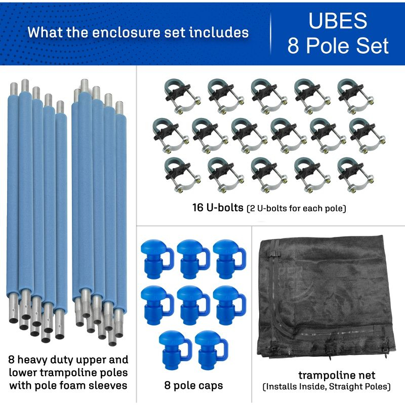 Upper Bounce Trampoline Safety Enclosure Set - Includes Net,  Poles, Caps, Foam Sleeves - Fits 12ft Round Frame - Installs Inside of Frame