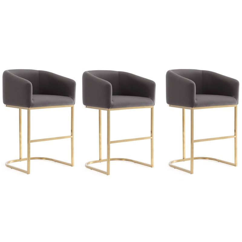 Manhattan Comfort Set of 3 Louvre Upholstered Stainless Steel Counter Height Barstools Gray: Faux Leather, Curved Back, Footrest