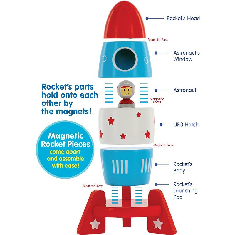 Svan Wooden Stacker Toy Space Rocket- 6 Magnetic Stacking Pieces-Building Set with Surprise Astronaut Inside, Hands On Game for Kids, Interactive Play