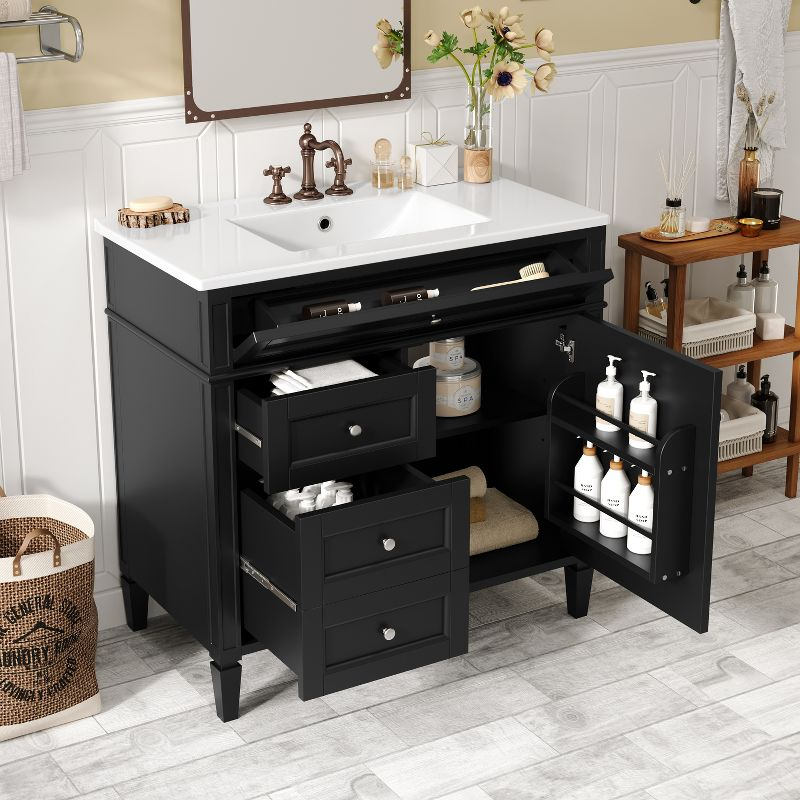 36''W Bathroom Vanity with Top Sink, Modern Bathroom Storage Cabinet with 2 Drawers and a Tip-out Drawer, Black - ModernLuxe