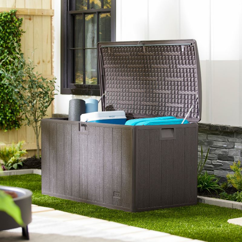Plastic Development Group 105-Gallon Weather-Resistant Plastic Resin Outdoor Patio Storage Deck Box with Soft-Close Lid, Java Brown