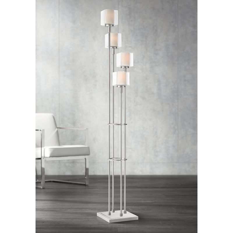 Possini Euro Design Athena Modern Floor Lamp 72" Tall Brushed Nickel 4 Light Tree Clear Outer Opal Inner Double Glass Shade for Living Room Bedroom