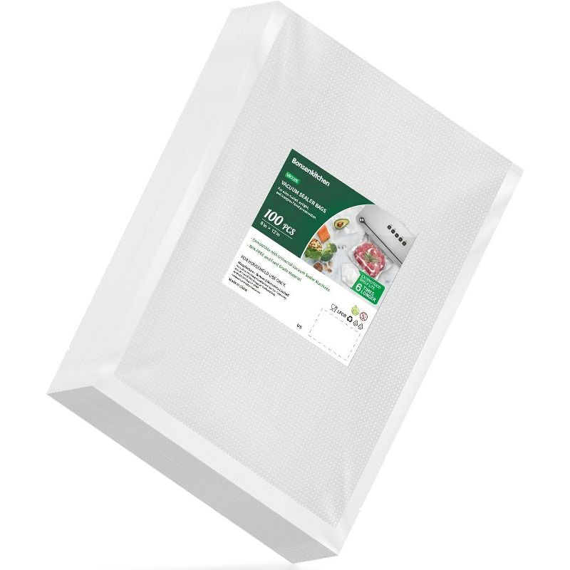 Bonsenkitchen Precut Vacuum Food Sealer Bags 100 Quart 8" x 12", BPA Free, Commercial Grade Textured,Thick Embossed Bags,Storage and Sous Vide Cooking