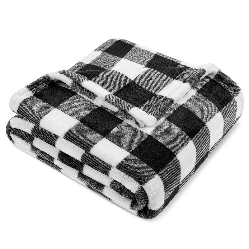 PAVILIA Premium Fleece Throw Blanket for Sofa Couch, Soft Flannel Plaid Stripe Decorative Print Blanket, Plaid White/Black/Throw - 50x60