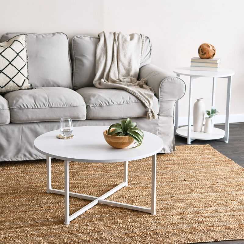 Household Essentials Jamestown Round End Table White: Modern Minimalist, Iron Frame, Particle Board Top