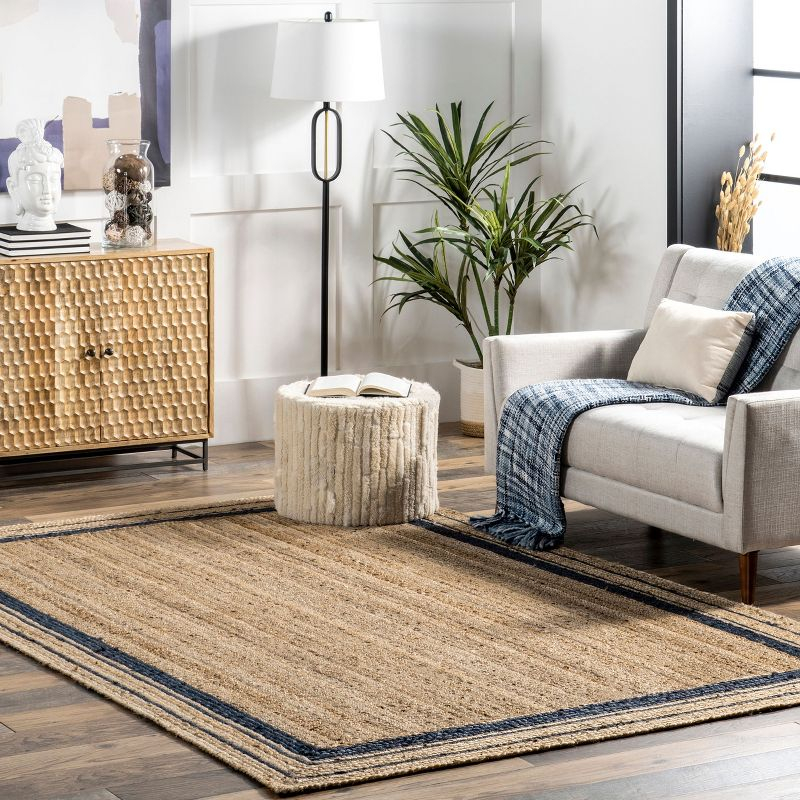 Nuloom Rikki Bordered 4x6 Jute Indoor Area Rug for Dining Room Rug Neutral Rug Living Room Rug Kitchen, Navy/Natural