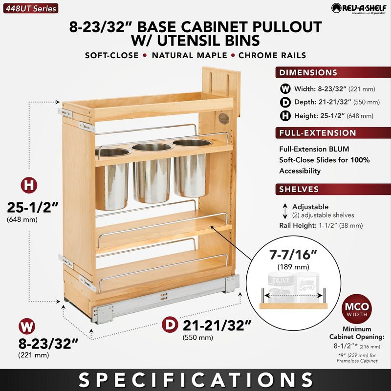 Rev-A-Shelf 8" Pull Out Storage Organizer for Base Kitchen Cabinets w/ Soft-Close, Sliding Shelves for Utilities, Utensils or Spices, 448UT-BCSC-8C