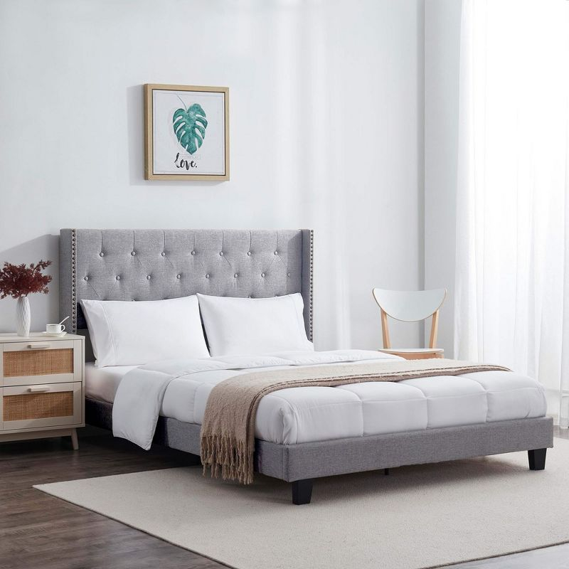 Bryt Wingback Diamond Upholstered Platform Bed, King Size Bed Frame with Headboard - Silver