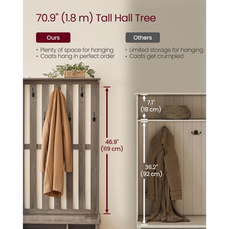 VASAGLE Hall Tree with Bench and Shoe Storage, Coat Rack with Shoe Bench, 7 Double Hooks for Jackets, 13.8 x 31.9 x 70.9 Inches, Heather Greige