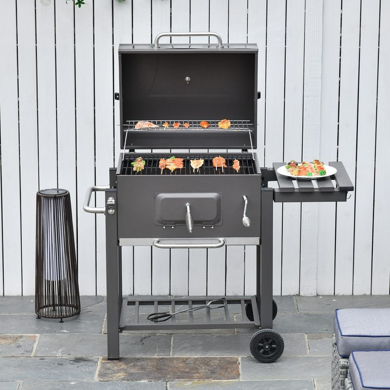 Outsunny Charcoal BBQ Grill, Outdoor Portable Cooker for Camping or Backyard Picnic with Side Table, Bottom Storage Shelf, Wheels and Handle, Gray