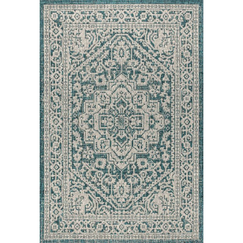 4'x6' Sinjuri Medallion Textured Weave Indoor/Outdoor Area Rug,  Teal Blue/Gray - JONATHAN Y