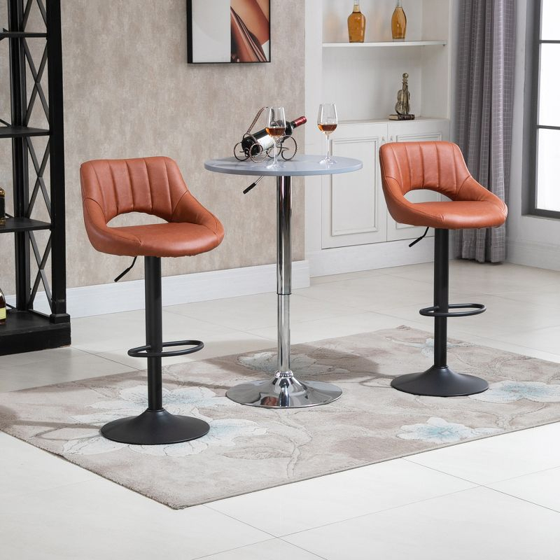 HOMCOM Modern Bar Stools Set of 2 Swivel Bar Height Barstools Chairs with Adjustable Height, Round Heavy Metal Base, and Footrest, Brown