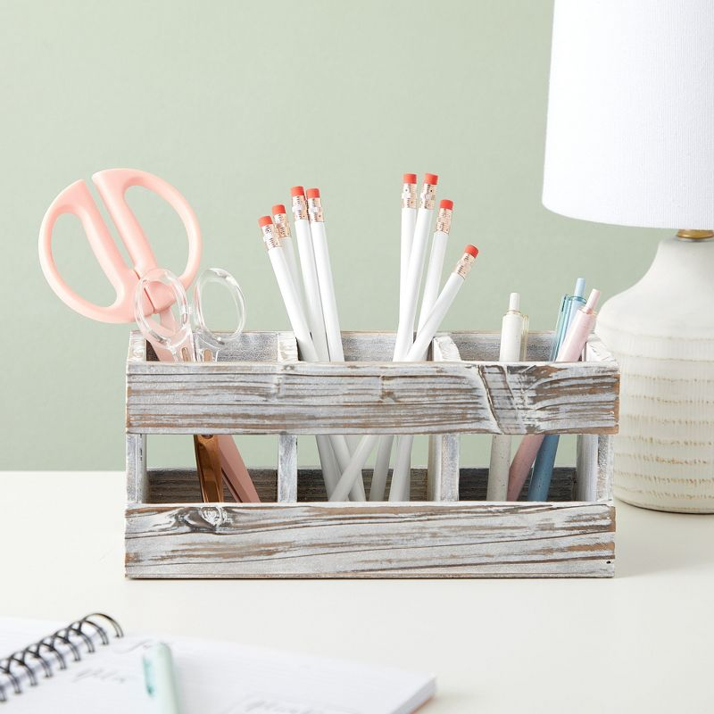 Juvale Rustic-Style Desk Pencil Holder with 3 Compartments - Farmhouse Decor and Wooden Organizer for Office Accessories