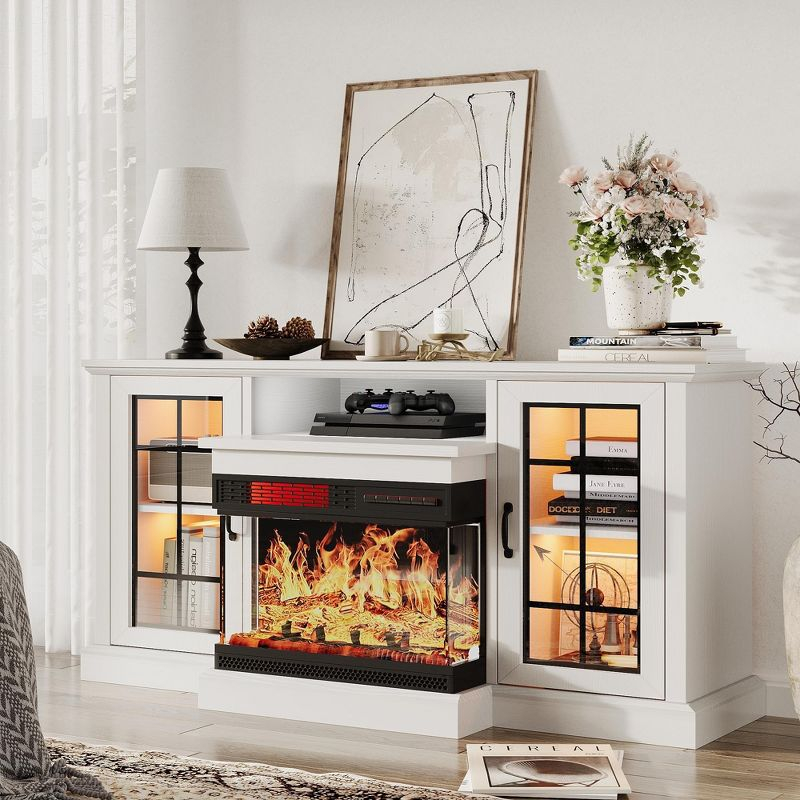 AOXUN 59" Fireplace TV Stand, 3 Sided Glass Media Entertainment Center Console Table for TVs up to 65", White