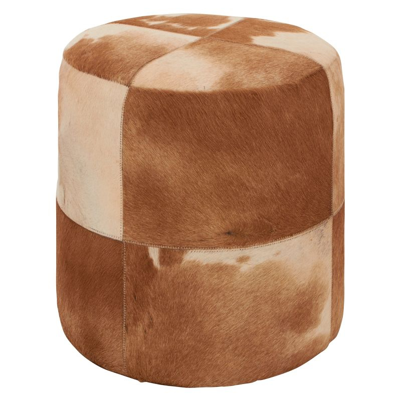 Olivia & May Wood and Leather Rustic Round Ottoman Brown: Contemporary Accent Stool, No Assembly Required