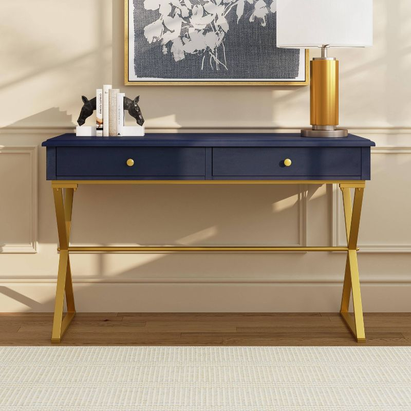 Campaign 2 Drawer Desk Blue/Gold - Linon: Matte Gold Legs, MDF, Metal Hardware