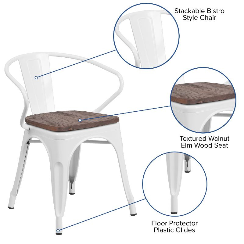 Flash Furniture White Metal Chair with Wood Seat and Arms