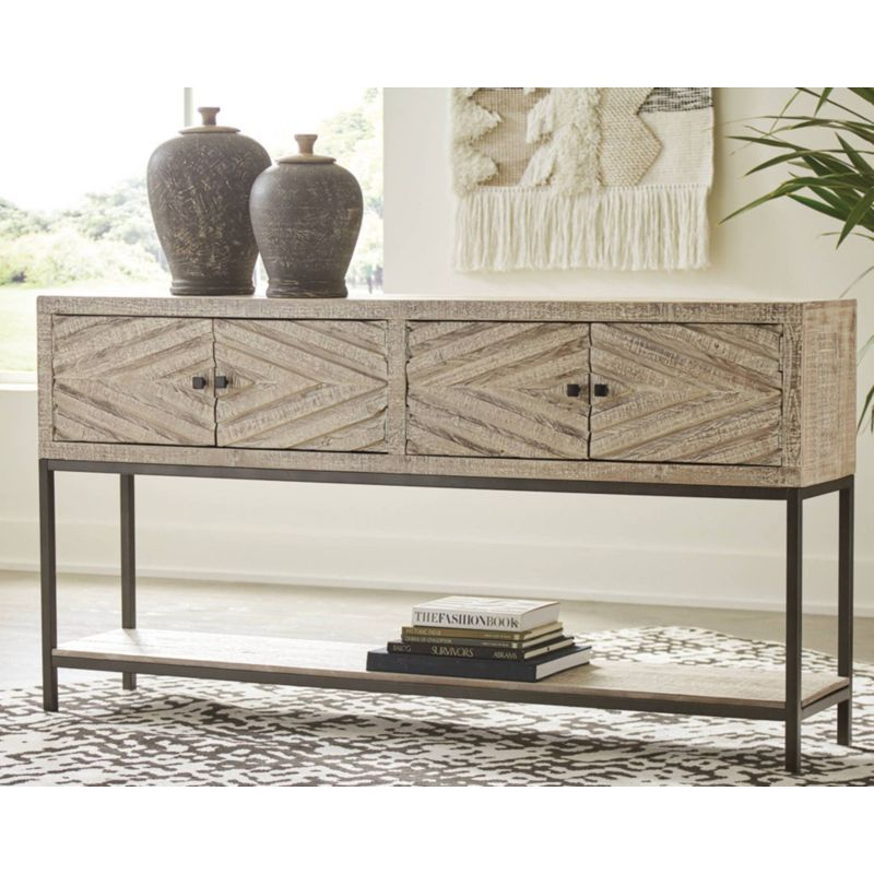 Roanley Sofa/Console Table Distressed Brown - Signature Design by Ashley: 4-Door Couch Table with Storage
