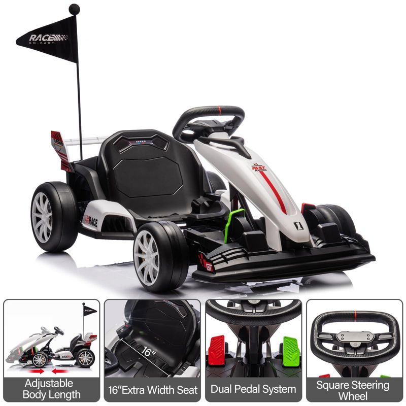 24V Kids Ride on Go Kart, 7.5mph Variable High Speed Drifting Car, 7ah Battery 200W*2 Motors, Power Display Racing Toy for for 6+, White
