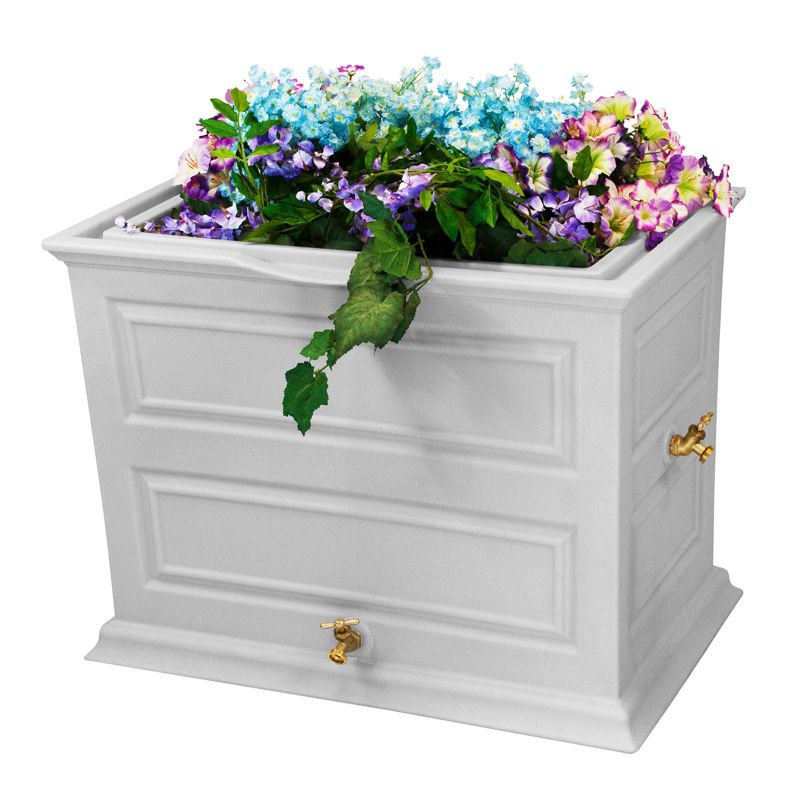 Good Ideas Savannah Colonial Style 42 Gallon Rain Saver Barrel with Self-Draining Garden Planter and Brass Spigots, Light Gray