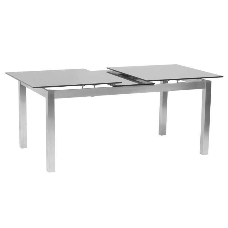 Armen Living IvanExtendable Dining Table in Brushed Stainless Steel and Gray Tempered Glass Top: Modern Self-Storing Leaf, Seats 6