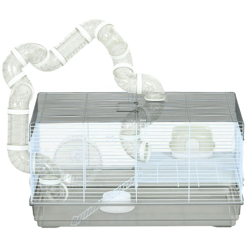 PawHut 2 Levels Hamster Cage for Gerbil or Dwarf Hamster with Tube Tunnels, Exercise Wheel, Food Dish, Water Bottle, Ramp, 23" x 13" x 12", Gray