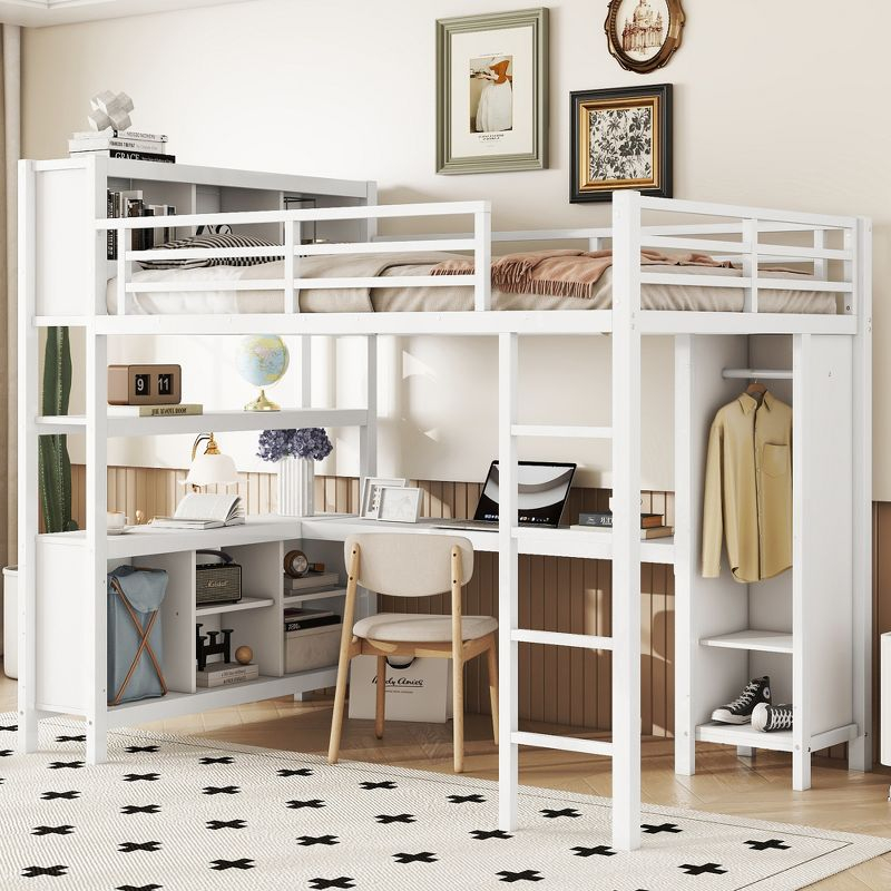 Full Size Metal Loft Bed with Wardrobe and L-Shaped Desk, Heavy-Duty Loft Bed with Storage Cubes and Shelves, White - ModernLuxe